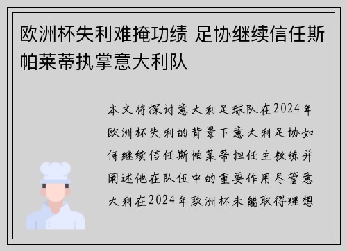 欧洲杯失利难掩功绩 足协继续信任斯帕莱蒂执掌意大利队